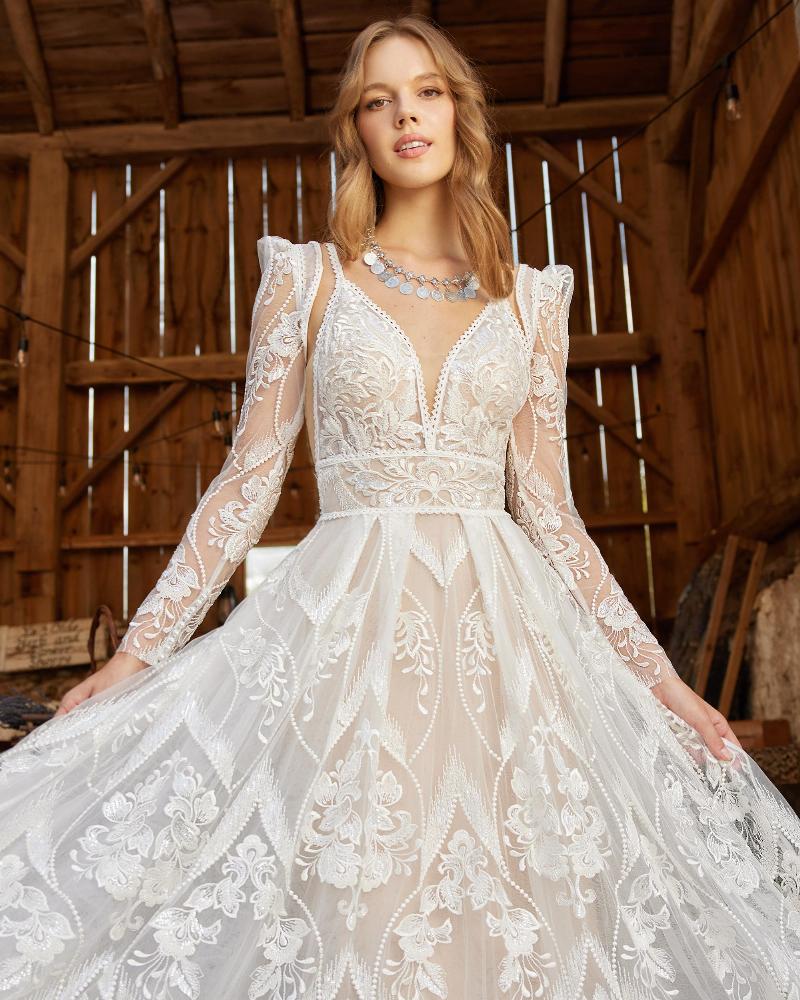 Lp2216 spaghetti strap or long sleeve boho wedding dress with backless a line silhouette1